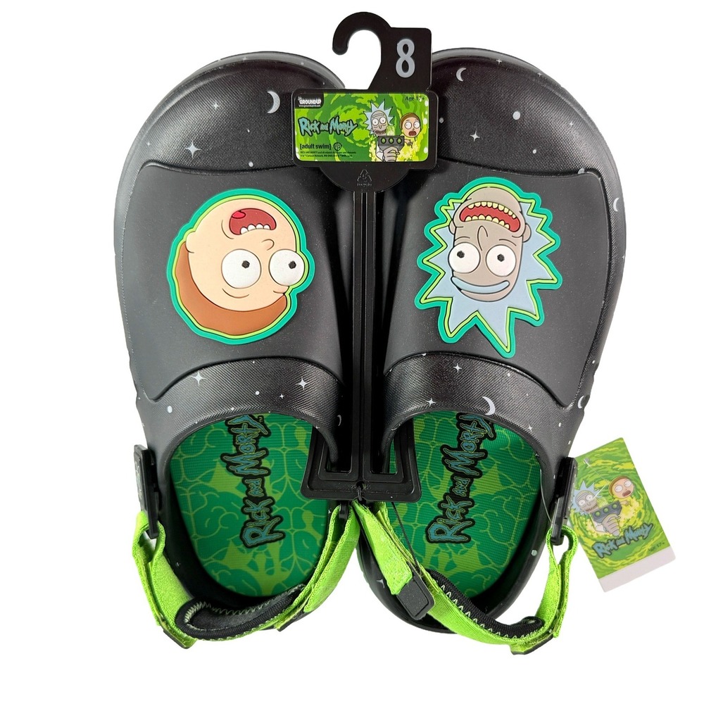 Ground Up Rick and Morty Adult Swim Mens Black Clogs Slip On Shoes Size 8 NWT